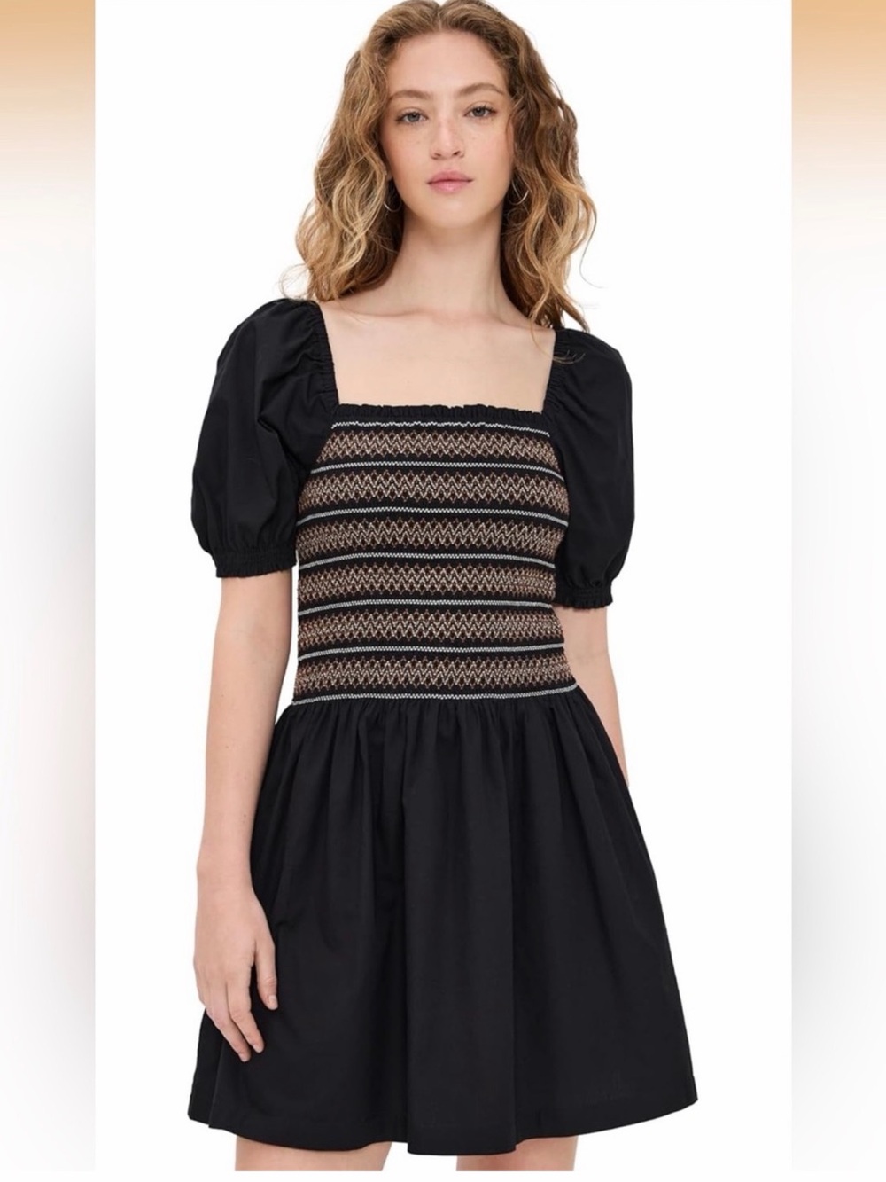 Madewell Black Smocked Square-Neck Puff Sleeve Mini Dress